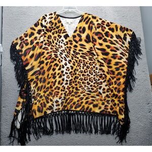 ASA Kaftans Top Womens‎ Medium Multi Leopard Print Fringe Trim Sleeveless V-Neck